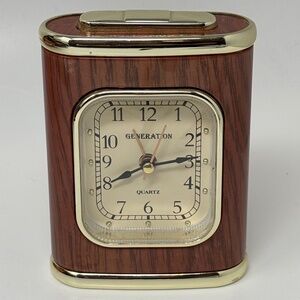 Generation Vintage Travel Alarm Clock Brown Wood Grain Plastic Gold Trim Quartz
